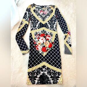BNWOT Topshop Floral Black, Red and Gold Long Sleeve Bodycon Dress